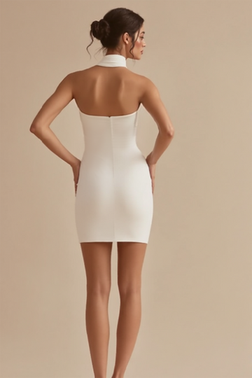 Halter hals A-linje Satin Knälång Liten Vit Klänning